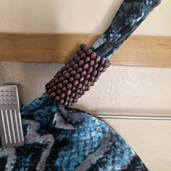 NWT Shoreline | Blue & Gray Print Halter Style Maxi Dress Wood Bead Strap Detail - Picture 3 of 8